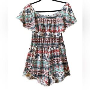 Elephant print orange and turquoise J for Justify romper, size M
